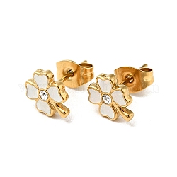 Enamel Clover with Crystal Rhinestone Stud Earrings with 316 Surgical Stainless Steel Pins, Gold Plated 304 Stainless Steel Jewelry for Women, White, 8.5x7mm, Pin: 0.8mm