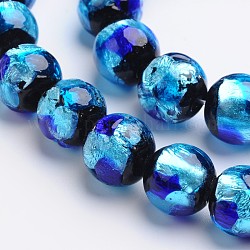 Perles rondes de feuille d'argent en verre manuelles, bleu, 10mm, Trou: 1mm