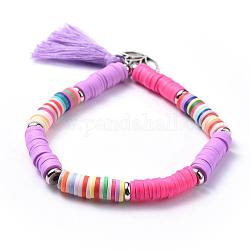 Cotton Thread Tassel Charm Bracelets, Stretch Bracelets, with Polymer Clay Heishi Beads Beads,  Flat Round Brass Bead Spacers and Tibetan Style Alloy Lotus Pendants, Lilac, 2 inch(5cm), 6mm