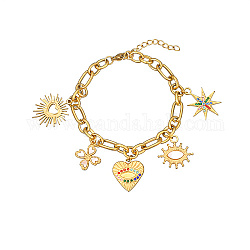 Женский браслет с подвесками в форме сердца, глаз и звезды из нержавеющей стали с цирконием, золотые, 6-1/4 дюйм (16 см)