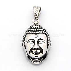Retro 304 Stainless Steel Buddha Head Pendants, Antique Silver, 43x25x15mm, Hole: 7x11mm