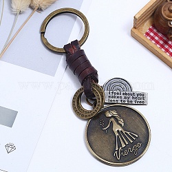 Punk Style Woven Flat Round with 12 Constellation Leather Keychain, for Car Key Pendant, Virgo, 11cm