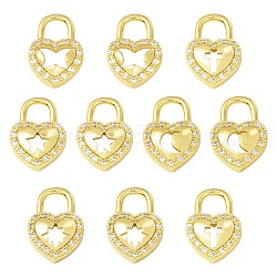 10Pcs 5 Style Brass Micro Pave Cubic Zirconia Pendants, Long-Lasting Plated, Real 18K Gold Plated, Cadmium Free & Lead Free, Heart Padlock, Clear, 15x10.5x3mm, Hole: 4.5mm, 2pcs/style