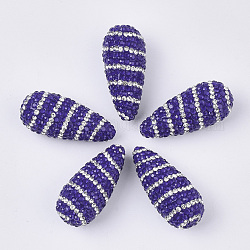 Perles en pâte polymère manuel, avec strass acrylique, larme, bleu foncé, pp13 (1.9~2mm), 6 rangs de strass, 35~36x15~16mm, Trou: 1mm