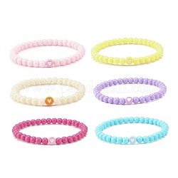 6Pcs 6 Color Flat Round with Heart Acrylic Beaded Stretch Bracelets Set for Women, Mixed Color, Inner Diameter: 2-1/8 inch(5.4cm), 1Pc/color