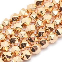 Electroplate Non-magnetic Synthetic Hematite Beads Strands, Star Cut Round Beads, Grade AA, Long-Lasting Plated, Faceted, Light Gold Plated, 6x5mm, Hole: 1mm, about 61pcs/strand, 15.7 inch(40cm)