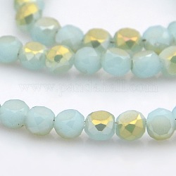 Half Golden Plated Frosted Imitation Jade Glass Faceted Flat Round Beads Strands, 4x3mm, Hole: 1mm, about 99pcs/strand, 13.9inch