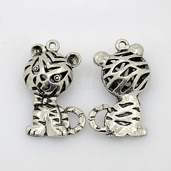 5Pcs Tiger Antique Silver Tibetan Style Alloy Hollow Pendants, 31x18x8mm, hole: 2mm