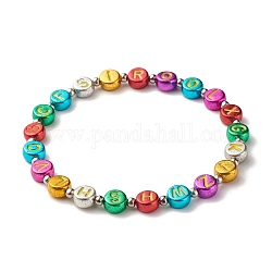 Плоский круглый эластичный браслет с буквами из бисера для женщин, цвет нержавеющей стали, красочный, внутренний диаметр: 2-1/4 дюйм (5.7 см)