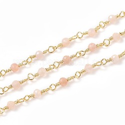 3.28 Fuß natürlicher Sonnenstein handgefertigte Perlenketten, mit Messing-Zubehör, golden, ungeschweißte, Runde, facettiert, 12x1~1.25 mm, Perle: 2.5 mm