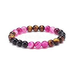 Bracelet extensible perles rondes agate naturelle & oeil de tigre & onyx noir, bijoux en pierres précieuses pour femmes, rose foncé, diamètre intérieur: 2-1/8 pouce (5.4 cm)