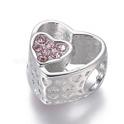 304 Stainless Steel European Beads, Large Hole Beads, with Rhinestone, Heart, Stainless Steel Color, Light Rose, 11x11.5x7.5mm, Hole: 4.5mm