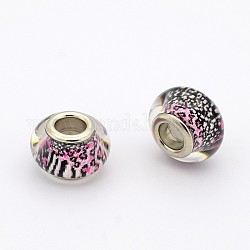 Handmade Polymer Clay Enamel Large Hole Rondelle European Beads, with Platinum Brass Double Cores, Black, 14x9mm, Hole: 5mm