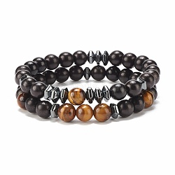 2Pcs 2 Style Natural Wood & Tiger Eye & Synthetic Hematite Stretch Bracelets Set, Yoga Jewelry for Women, Black, Inner Diameter: 2-1/4 inch(5.8cm), 1Pc/style