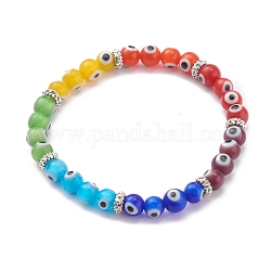 Bracelets de perles extensibles arc-en-ciel rond mauvais œil pour enfants, avec alliage de séparateurs perles, argent antique, colorées, diamètre intérieur: 1-7/8 pouce (4.9 cm)