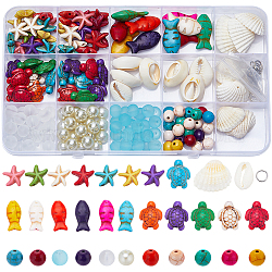 Sunnyclue kit de fabrication de bracelets sur le thème de l'océan, y compris des perles de turquoise et de verre synthétiques, pendentifs et perles en coquillages naturels, couleur mixte, 220~222 pcs / boîte