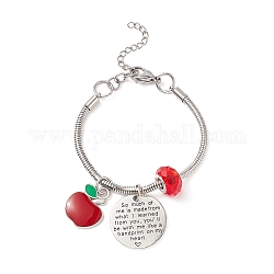 Bracelet à breloques pomme en alliage avec perles de verre, mot bracelet européen pour la journée des enseignants, rouge, 6-3/4 pouce (17 cm)