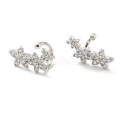 Clear Cubic Zirconia Flower Cuff Earrings, Brass Jewelry for Non-pierced Ears, Cadmium Free & Lead Free, Platinum, 10x17x10mm