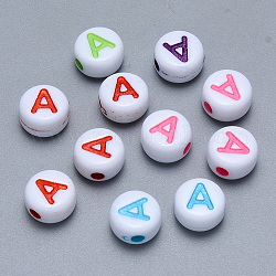 Perles de lettre de trou horizontal acryliques artisanales, plat rond, couleur mixte, letter.a, 7x3.5~4mm, Trou: 1.5mm