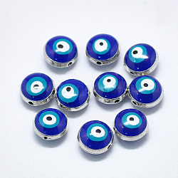 Perles d'émail en alliage, rond et plat avec des mauvais œil, platine, bleu, 10x6~8mm, Trou: 1.2mm
