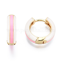 Ottone orecchini a cerchio Huggie, con smalto bicolore, vero placcato oro 18k, perla rosa, 15x16.5x5mm, ago :1x1mm