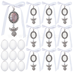 Superfindings 10pcs ángel aleación colgantes decoración, con cinta de raso, perlas de vidrio y cabujones, Alfiler de hierro, blanco, 95mm