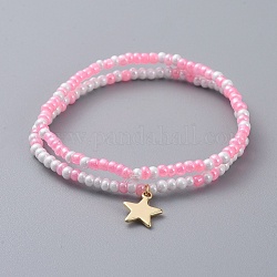 Bracelets extensibles pour enfants en perles de verre, bracelets empilables, avec breloques en laiton étoilé, rose, 2 pouce (5 cm), 2 pièces / kit