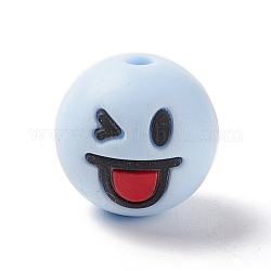Силиконовые бусины, детские жевательные бусинки для прорезывателей, круглый с улыбающимся лицом, голубой, 15.5 мм, отверстие : 2 мм