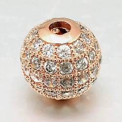 Perles rondes en laiton avec zircone cubique de micro pave, clair, or rose, 10mm, Trou: 2mm