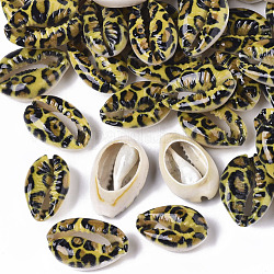Cuentas de concha de cowrie natural impresa, sin agujero / sin perforar, con el patrón de la impresión del leopardo, amarillo, 18~21x12~15x7mm