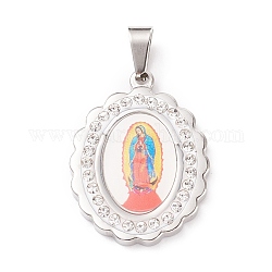 304 Stainless Steel Lady of Guadalupe Pendants, with Polymer Clay Rhinestones and Paper, Oval with Virgin Mary, Stainless Steel Color, 28x21x3mm, Hole: 4x6mm