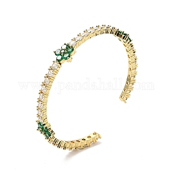 Cubic Zirconia Flower Open Cuff Bangles, Real 18K Gold Plated Brass Jewelry for Women, Green, Inner Diameter: 2-1/4 inch(5.7cm)