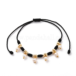 Adjustable Nylon Thread Braided Bracelets, with Natural Cultured Freshwater Pearl Beads and Brass Round Beads, Golden, Black, Inner Diameter: 1-1/8~4-1/2 inch(2.7~11.3cm)