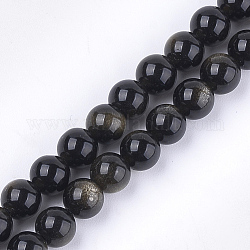 Chapelets de perles en obsidienne dorée naturelle, Grade a, ronde, 6mm, Trou: 0.8mm, Environ 30~33 pcs/chapelet, 7.6 pouce