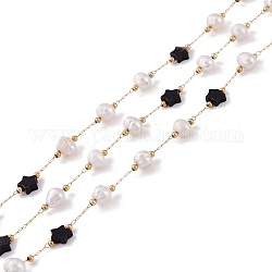 Natürliche schwarze Achatstern- und Perlenketten, mit Edelstahl-Zubehör, langlebig plattiert, gelötet, mit Spule, golden, Link: 2x0.5x0.1 mm, Perle: 5.5~7x5.5~6 mm, Sterne: 6x6~6.5x2.5~3 mm