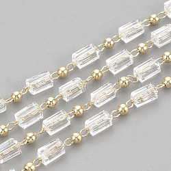 3.28 Feet Handmade Glass Beaded Chains, Soldered, with Spool, with Brass Findings, Faceted, Rectangle, Clear, Real 18K Gold Plated, 2.5mm