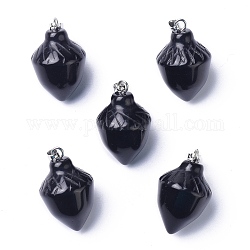 Pendentifs en obsidienne naturelle, avec boucles en laiton platine, nourriture, 24~25x15.5~16mm, Trou: 6.5x2.7mm