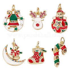 Beebeecraft 6Pcs 6 Style Brass Micro Pave Clear Cubic Zirconia Pendants, with Red & Green Enamel & Jump Rings, Long-Lasting Plated, For Christmas, Reindeer/Stag & Santa Claus & Christmas Candy Cane, Mixed Color, 14.5~20.5x11.5~18x2.5~4mm, Hole: 3mm, Jump Ring: 5x1mm, 1pc/style