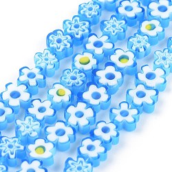 Chapelets de perle de millefiori en verre manuelles, fleur, bleu, 6.4~9x3.2mm, Trou: 1mm, Environ 56 pcs/chapelet, 15.75'' (40 cm)