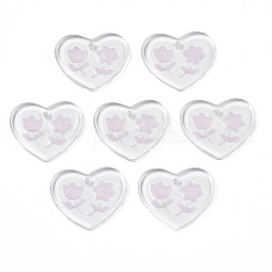 Transparent Resin Pendants, with Glitter Powder, Heart with Flower, Pink, 17x20x2mm, Hole: 1.4mm