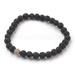 Natural Lava Rock Beads Stretch Bracelets, with Brass Micro Pave Cubic Zirconia Findings, Round, Rose Gold, 2 inch(5cm), Box: 9x6.5x2.7cm