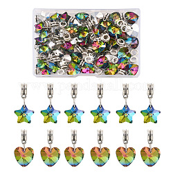 Yilisi 48Pcs 2 Styles Large Hole Alloy European Dangle Charms, with Electroplated Glass Pendants, Heart & Star, Antique Silver, Colorful, 24pcs/style