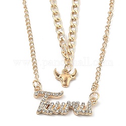 Alloy Double Layered Necklaces, Pendant Necklaces, with Glass Rhinestone, Constellation/Zodiac Sign, Golden, Taurus, Word: 29x12x3mm, 16.14 inch(41cm)
