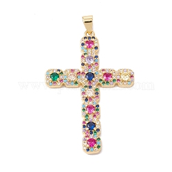Rack Plating Brass Micro Pave Colorful Cubic Zirconia Pendants, with Junp Ring, Cadmium Free & Nickel Free & Lead Free, Cross, Real 18K Gold Plated, 41x28x3mm, Hole: 5x3.5mm