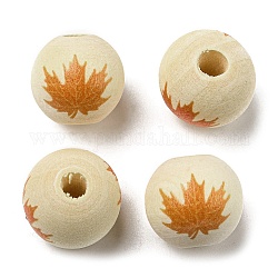 Perles européennes en bois d'automne, perles imprimées à gros trous, ronde, feuille, 16mm, Trou: 4mm