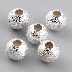 Perles en laiton plaqué durable, perles texturées, ronde, 925 argent sterling plaqué, 4mm, Trou: 1.5mm