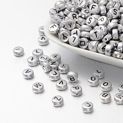 Silver Color Plated Acrylic Horizontal Hole Letter Beads, Flat Round, Random Mixed Letters, 7x3.5mm, Hole: 1mm, about 3600pcs/500g
