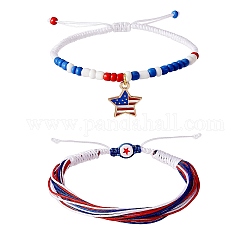 2Pcs 2 Color Alloy Enamel Star Charms Braided Bead Bracelet, Glass Seed Bead Beaded Adjustable Bracelets for Independence Day, Mixed Color, Inner Diameter: 2~3-3/8 inch(5~8.6cm), 1Pc/color