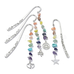4Pcs 4 Style Shamrock Heart Star Alloy Pendant Bookmarks, Gemstone Chip Beaded Bookmarks, Flower Pattern Hook Bookmark, Antique Silver, 118x22x2mm, 1pc/style