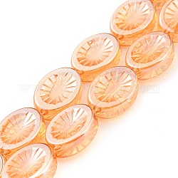 Electroplate Glass Beads Strands, Pearl Luster Plated, Oval with Flower, Orange, 14x10.4x4.8mm, Hole: 1.2mm, about 45pcs/strand, 25.04 inch(63.6cm)